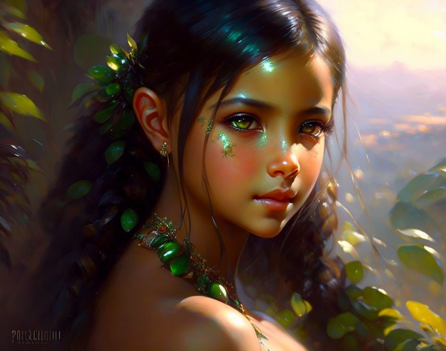 Digital painting: Young girl with elfin features, leaf accessories, glitter makeup, soft natural backdrop