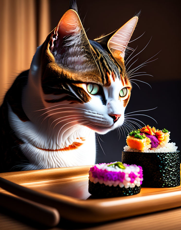 Cat with Striking Markings Beside Colorful Sushi on Wooden Tray