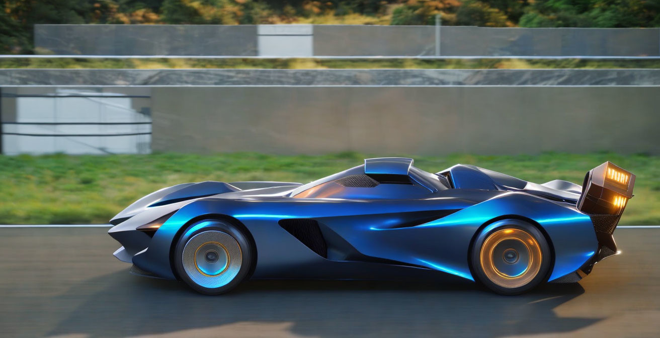 Futuristic blue sports car with sharp angles and neon highlights on racetrack