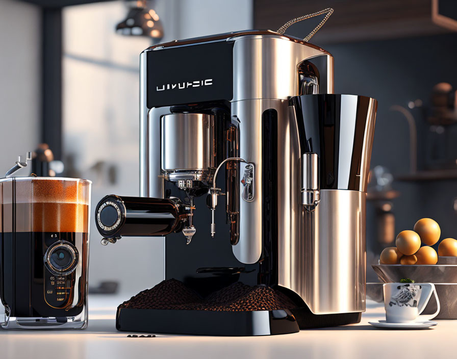 Kitchen counter setup with espresso machine, steam wand, portafilter, French press, and eggs.