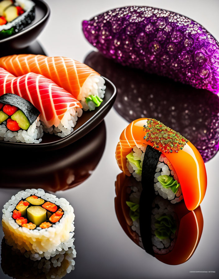 Assorted Sushi Pieces on Vibrant Purple Leaf Background