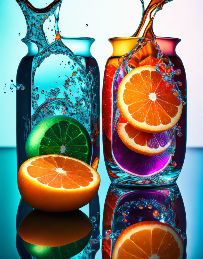 Vibrant Citrus Fruits Splash in Glass Vases on Gradient Background