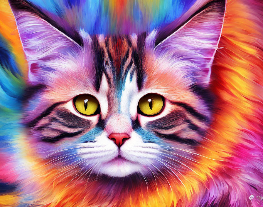 Colorful Digital Artwork Featuring Cat with Yellow Eyes & Whimsical Fur