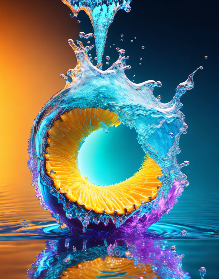 Colorful digital image: Water splash on sliced orange with gradient backdrop