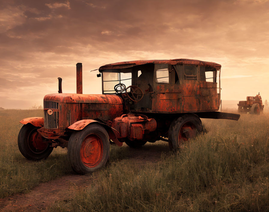 Rusted abandoned tractor in overgrown field at dusk