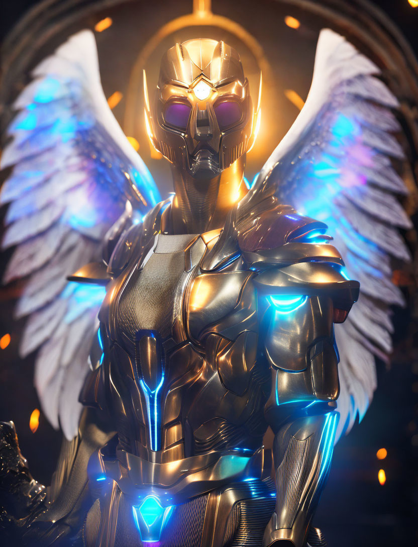 Golden armored figure with glowing blue eyes and mechanical wings on warm background