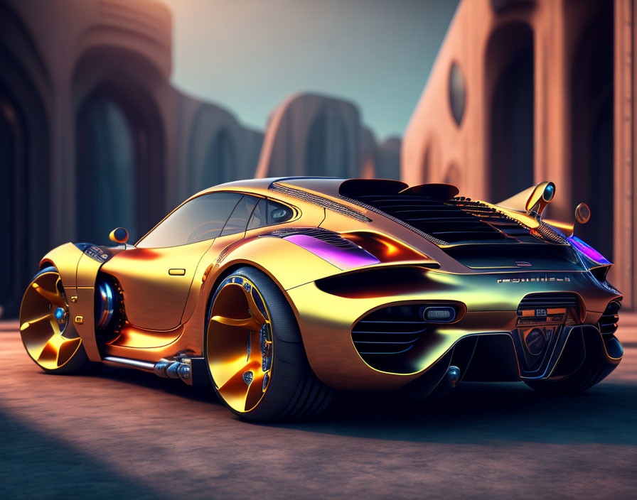 Futuristic Purple and Gold Sports Car at Sunset