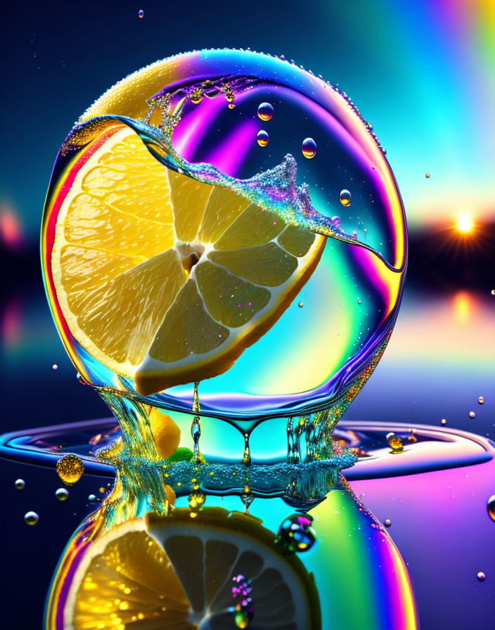 Colorful sliced lemon in bubble with water droplets on mirrored surface