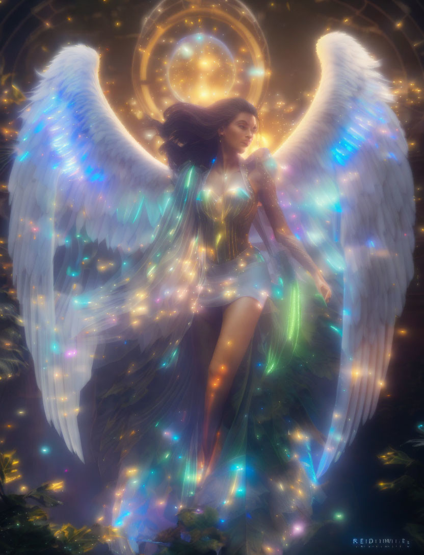 Glowing angelic figure with radiant wings in ethereal setting