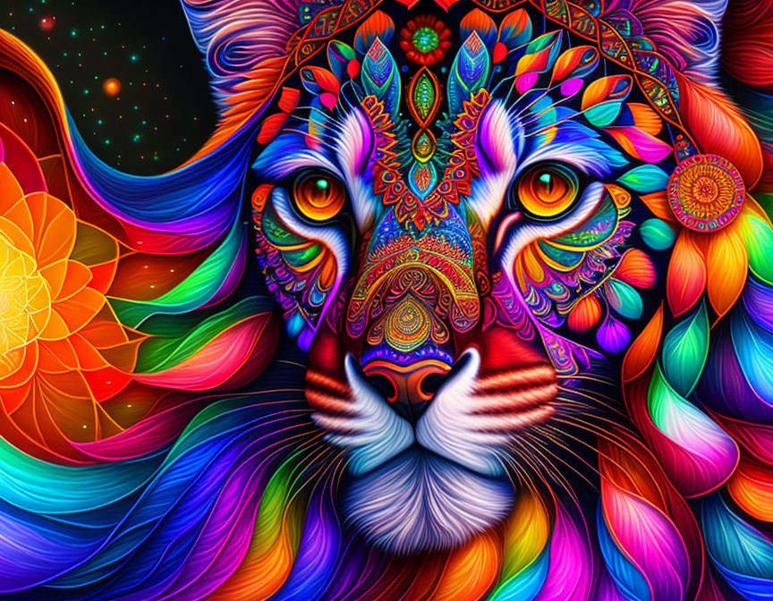 Colorful Psychedelic Tiger Illustration with Cosmic Background