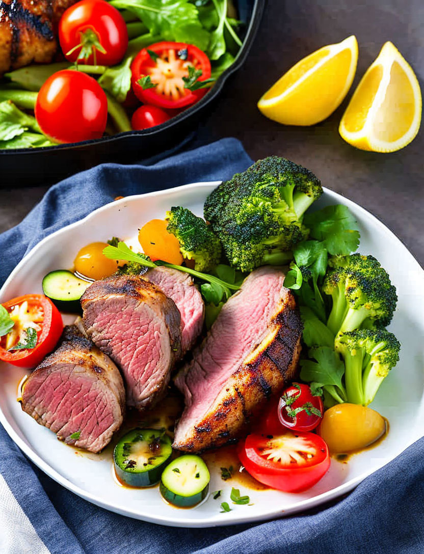 Sliced Steak with Broccoli, Cherry Tomatoes, Cucumbers, and Lemon Wedges