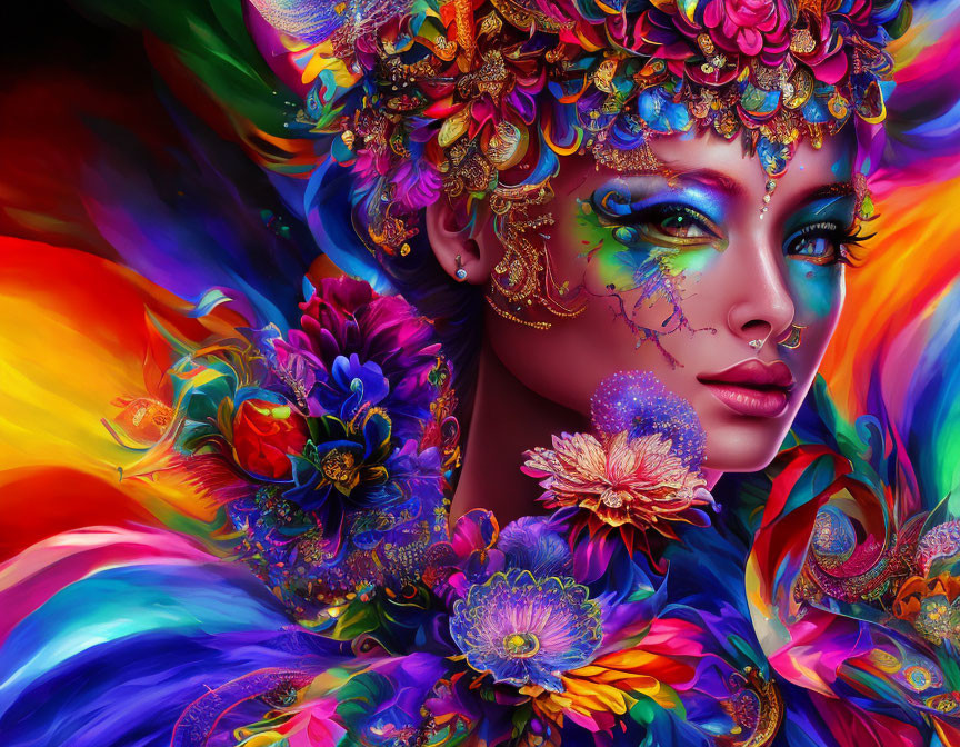 Colorful digital artwork of a woman with flowers and jewelry in swirling background