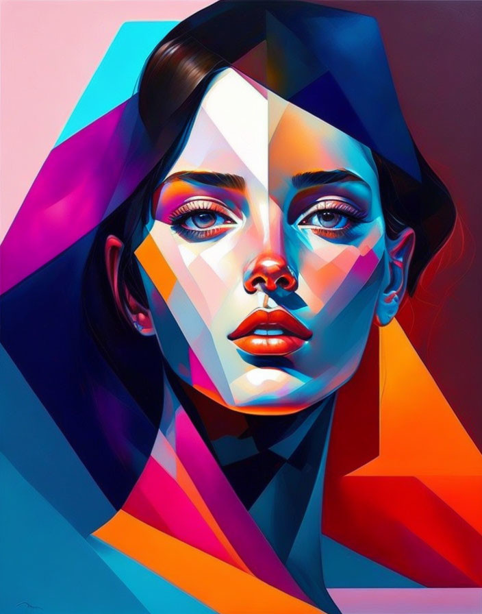 Colorful Geometric Pattern Portrait of Woman with Diverse Palette