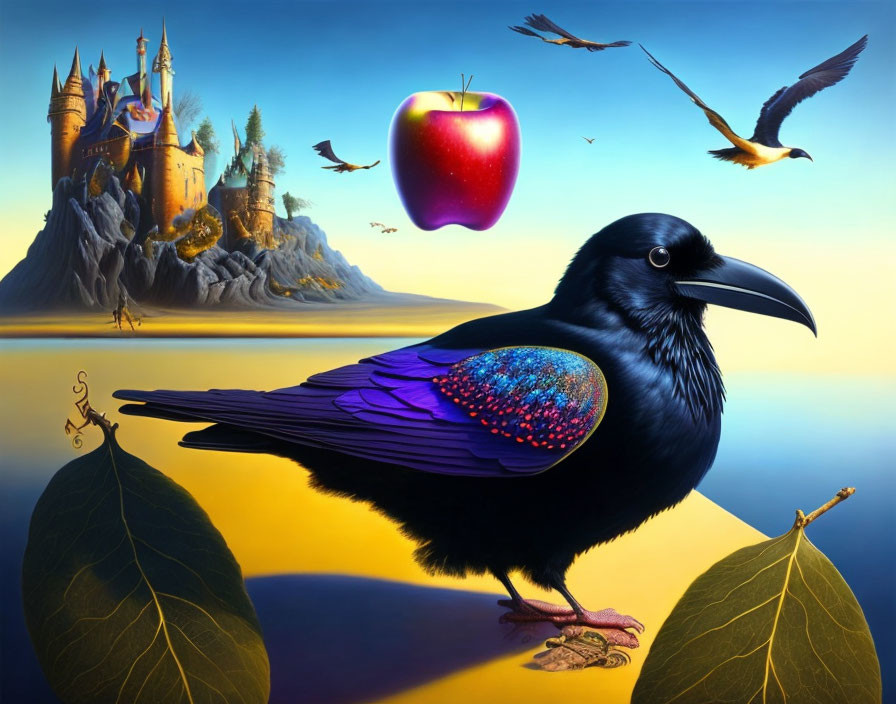 Colorful raven, red apple, castle, and birds in surreal sunset landscape