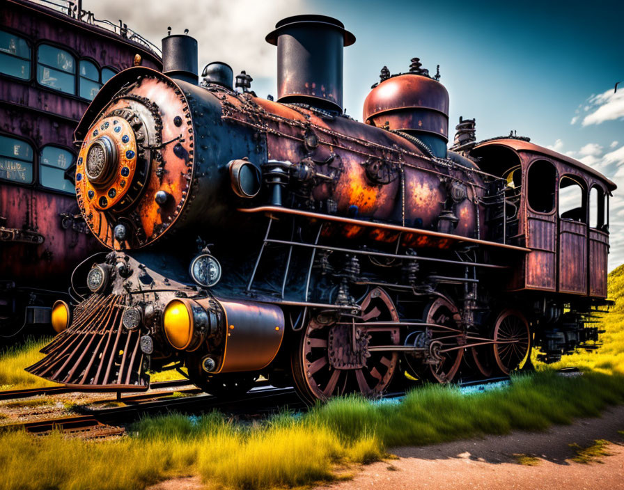 Rusted vintage steam locomotive with headlamps on tracks under blue sky