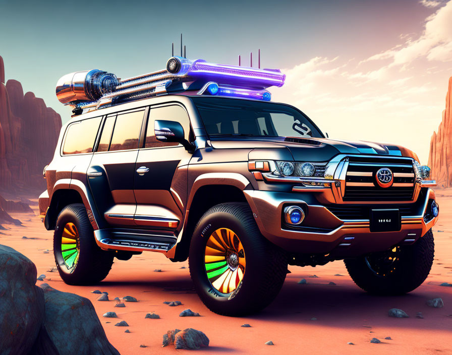 Customized Toyota Land Cruiser with oversized wheels and neon rims in desert backdrop