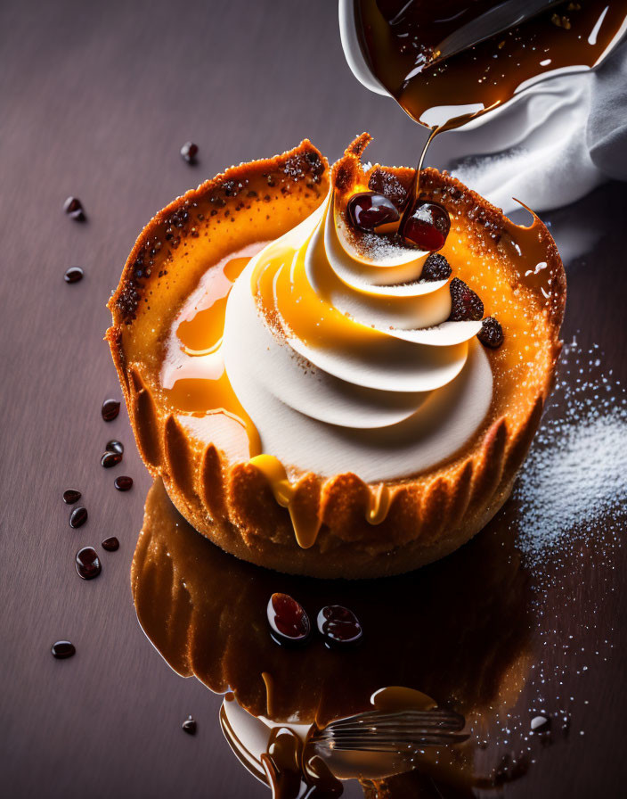 Creamy Swirl Topping Tart with Caramel Drizzle and Coffee Bean Garnish