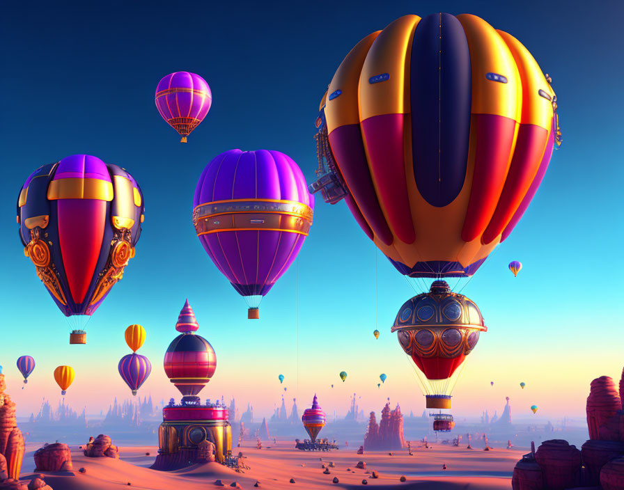 Vibrant hot air balloons over desert rock formations at sunset