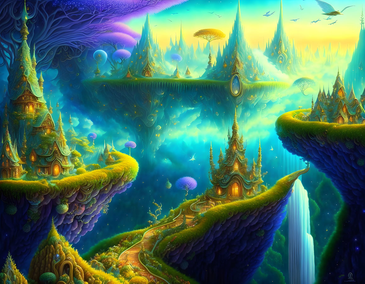 Fantasy landscape with floating islands, waterfalls, mystical buildings, and luminescent environment