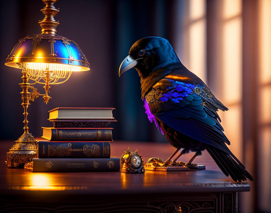 Raven perched on wood table with lamp, books, pocket watch, coins, and window glow