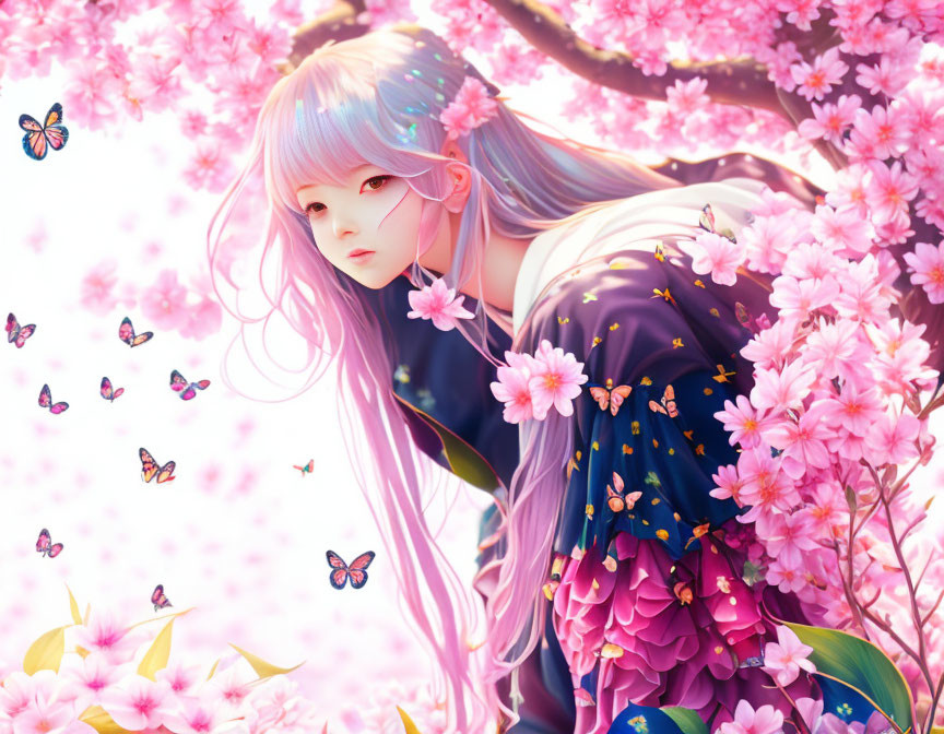 Girl with Long Pink Hair Surrounded by Cherry Blossoms and Butterflies