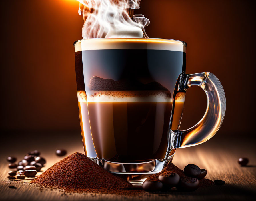 Steaming Coffee Cup with Cream on Wooden Surface and Coffee Beans