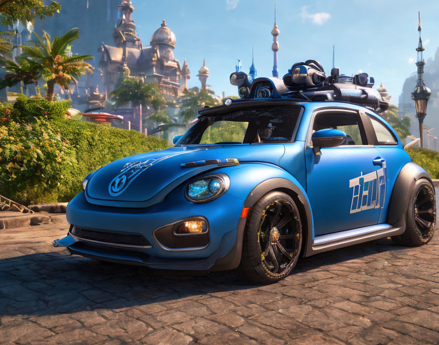 Custom Blue Volkswagen Beetle with Decals and Rims on Cobblestone Street