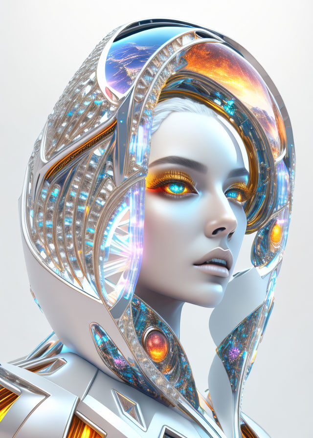 Futuristic female android with silver and gold headgear and glowing orange eyes