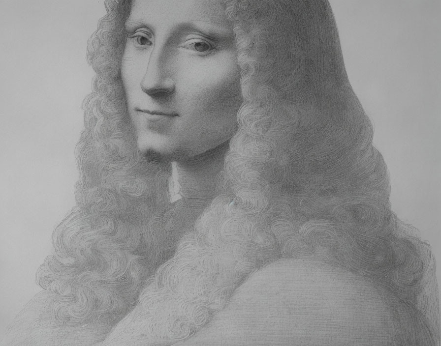 Detailed pencil drawing: person with Mona Lisa smile, long curly hair, 17th-century attire