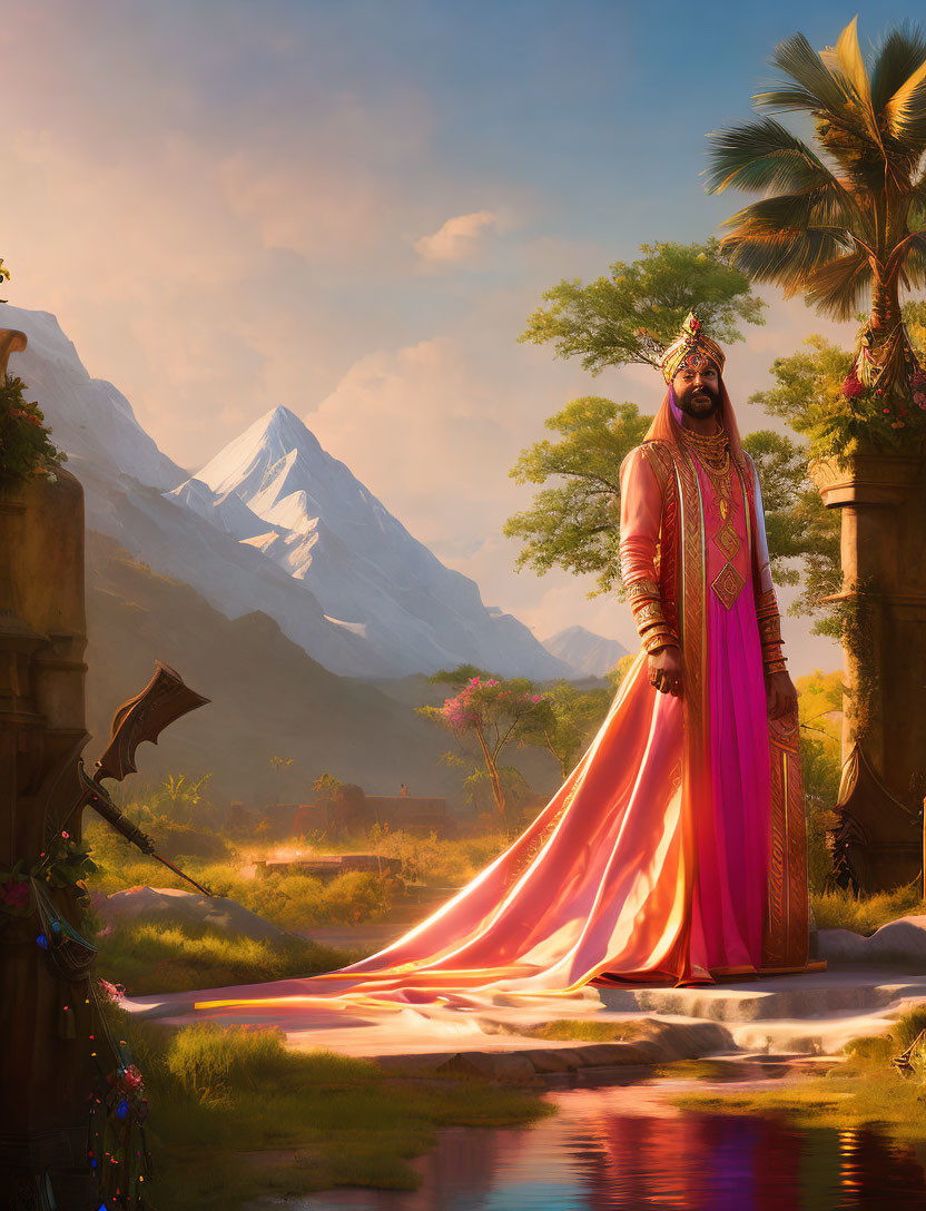 Regal figure in pink robes amidst serene landscape with mountains and ruins