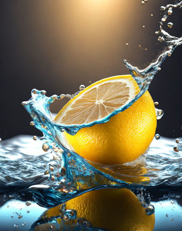 Half-Sliced Lemon Splashing into Water with Droplets, Reflected on Dark Surface