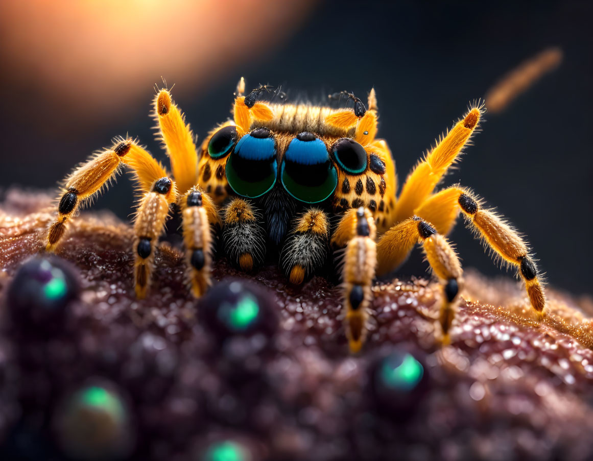 Vivid green-eyed jumping spider on textured surface