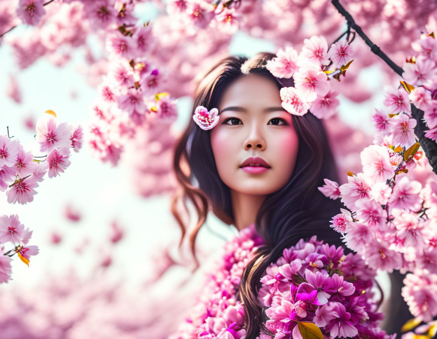 Dark-Haired Woman Surrounded by Pink Cherry Blossoms