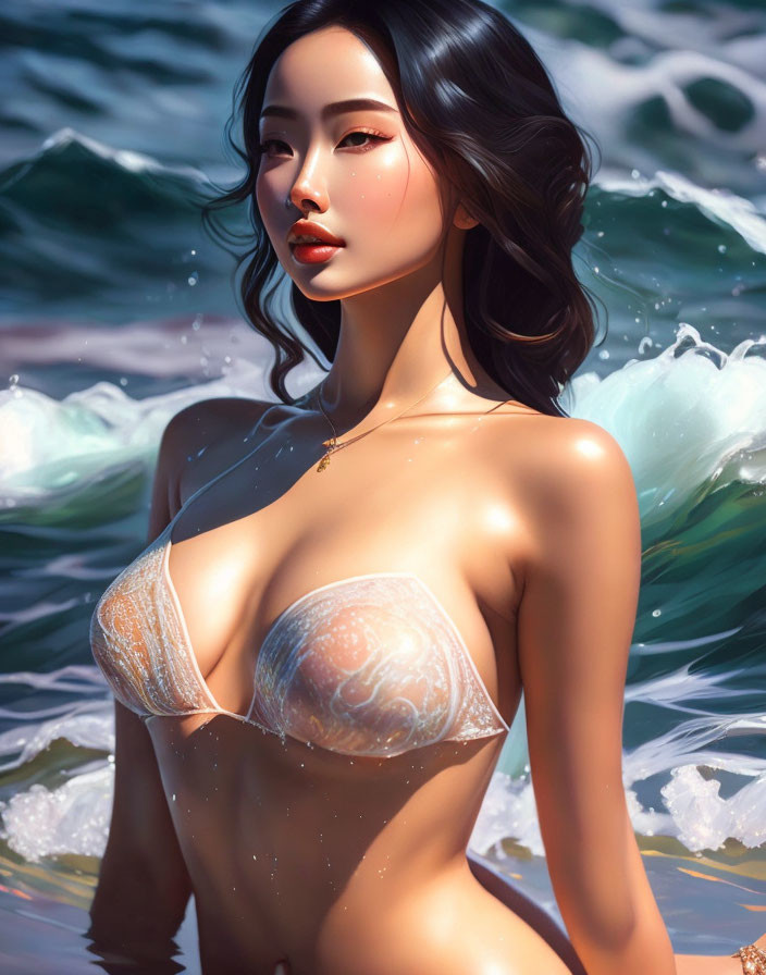 Dark-Haired Woman in Translucent Swimsuit by Ocean Waves