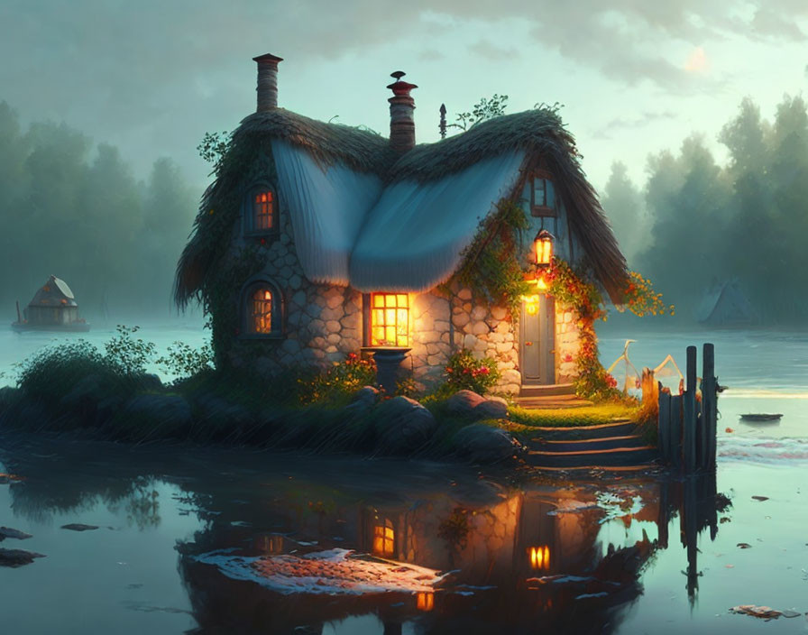 Thatched roof cottage with lanterns by tranquil river at dusk