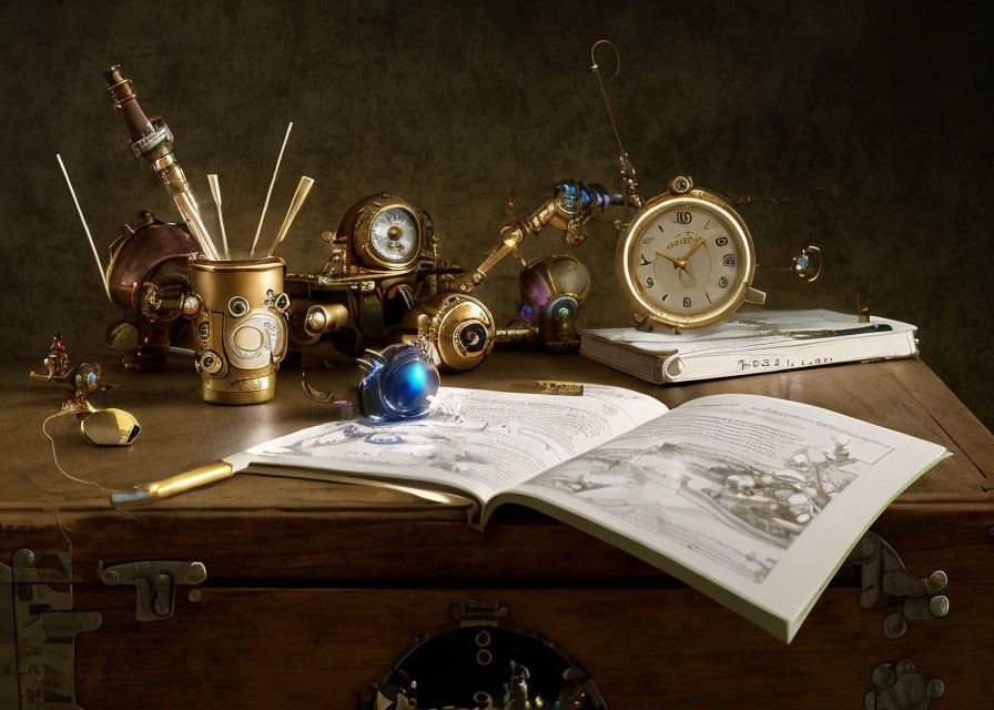 Steampunk-inspired gadgets, book illustrations, pocket watches, and brass instruments on vintage surface