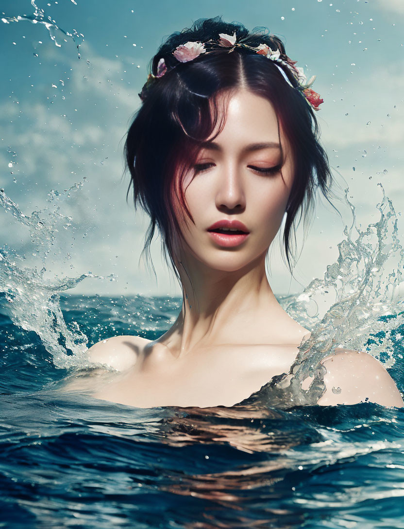 Woman with floral headpiece emerges from sea with water splashing, deep blue sky