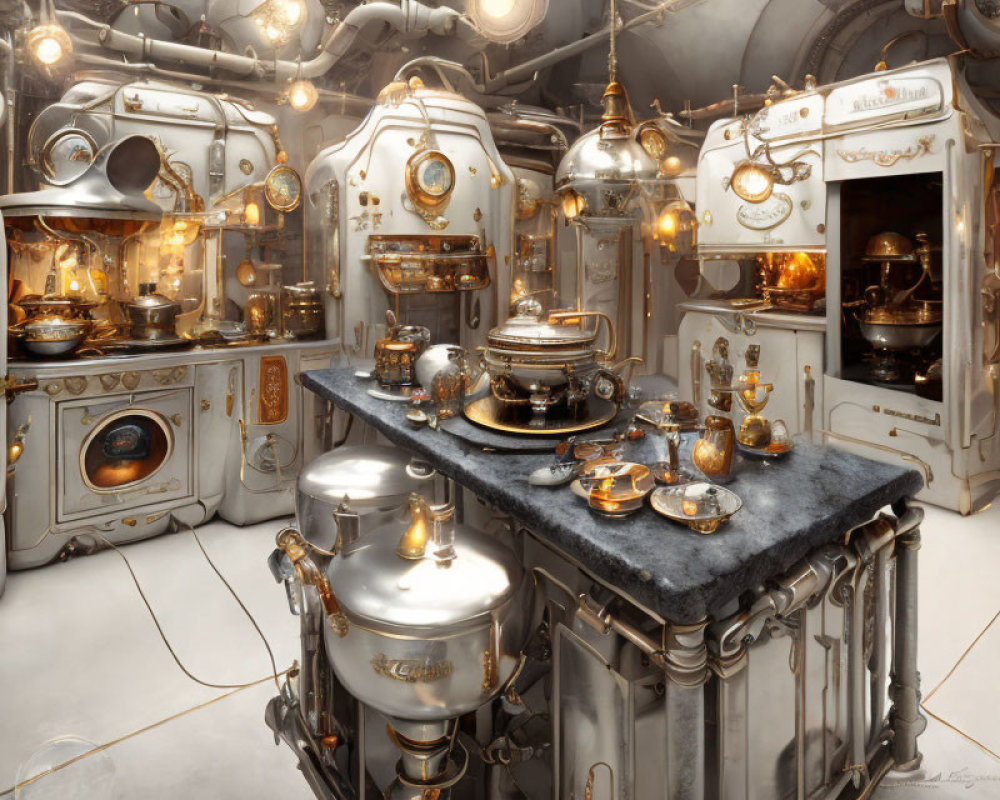 Steampunk-style kitchen with brass appliances and elegant utensils