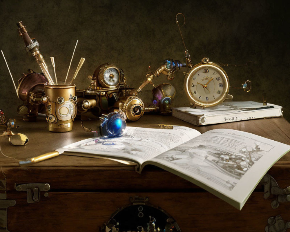 Steampunk-inspired gadgets, book illustrations, pocket watches, and brass instruments on vintage surface