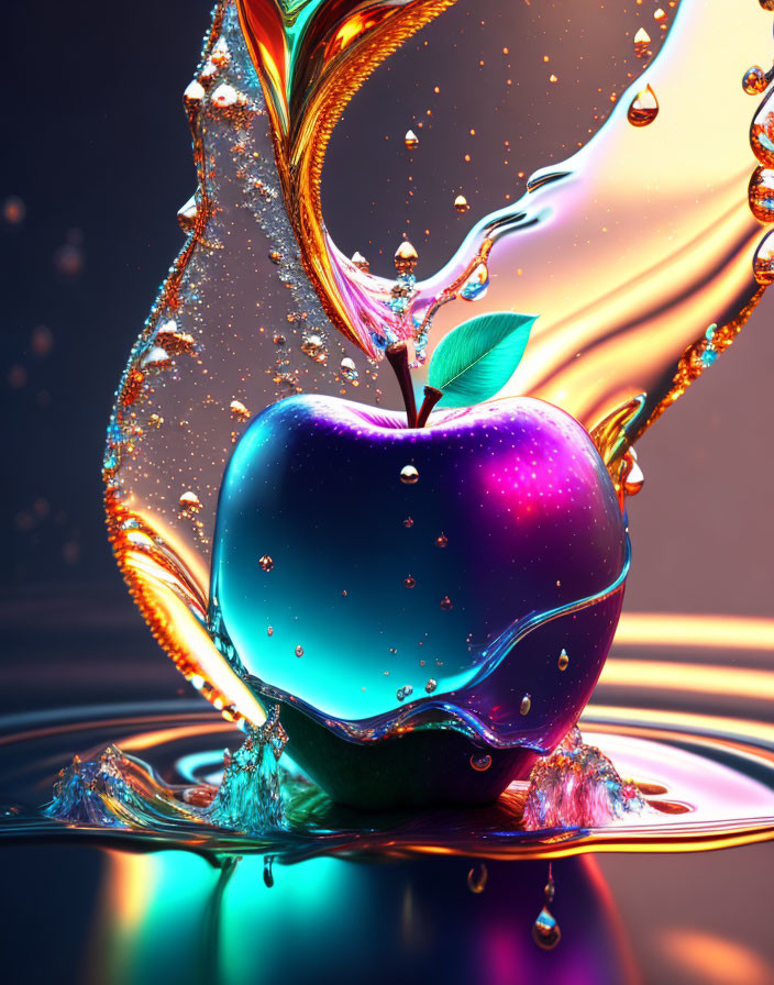 Colorful 3D illustration of glossy apple with swirling liquid forms