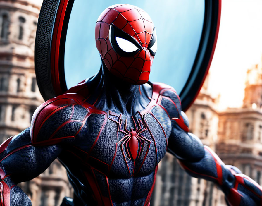 Detailed Spider-Man Costume Pose with City Background & Web-Slinger Suit Close-Up