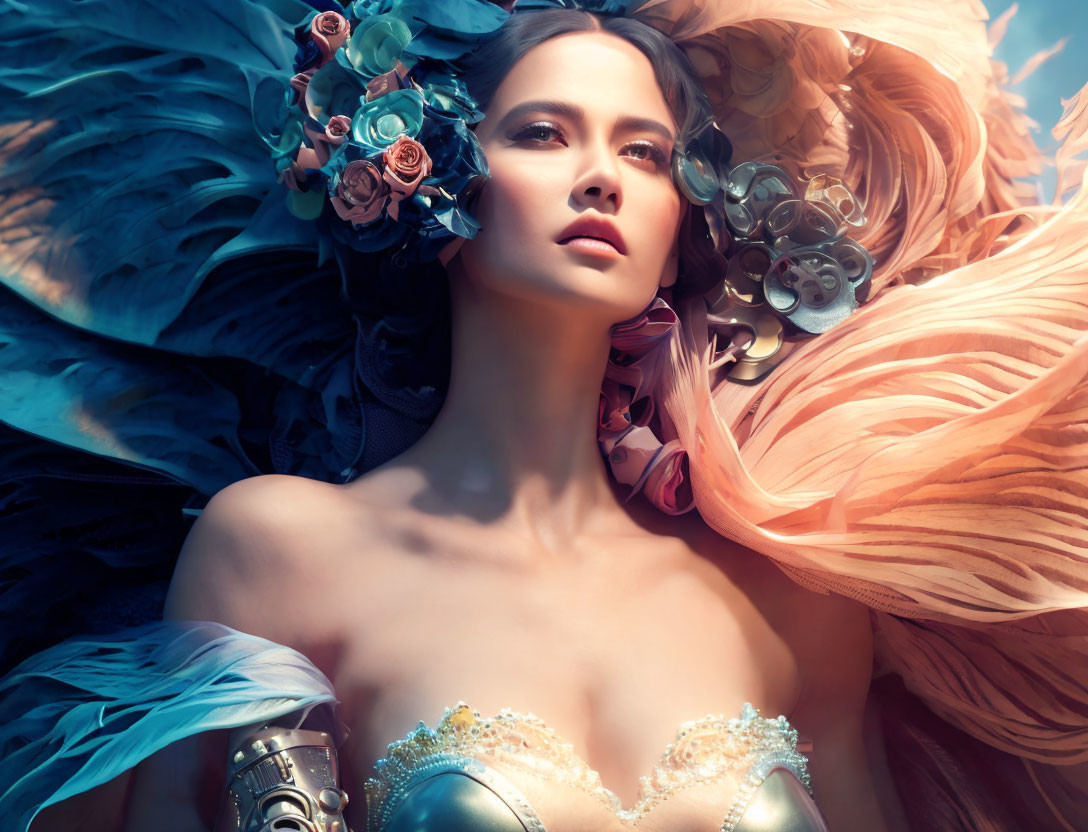 Serene woman surrounded by feathers and flowers in pastel tones