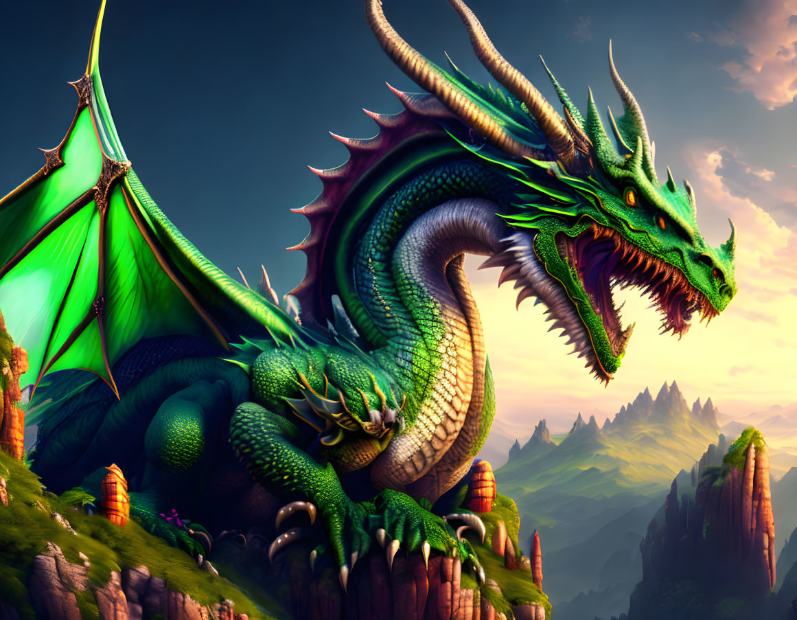 Green dragon with horns near medieval tent in scenic landscape