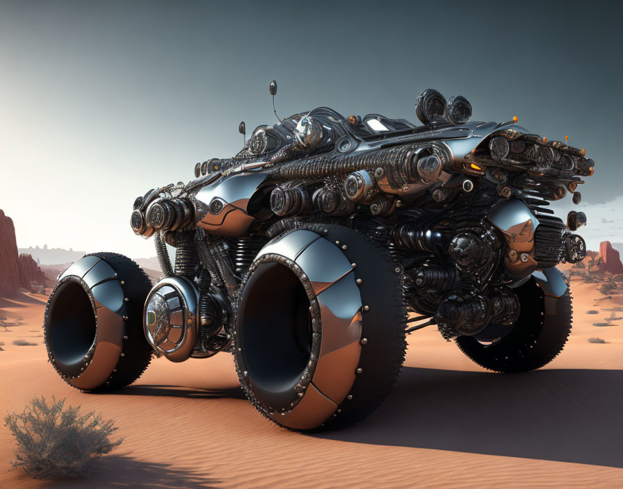 Futuristic vehicle with large wheels in desert landscape