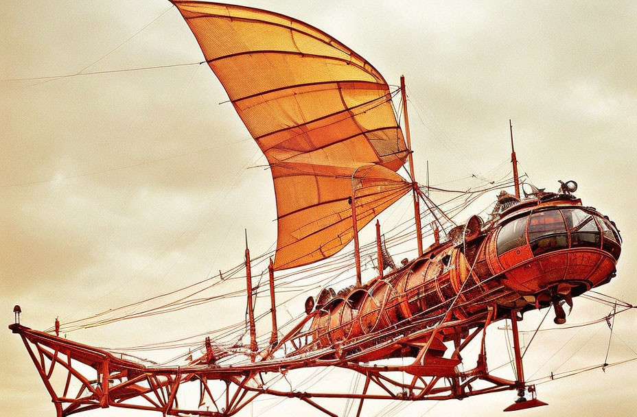 Steampunk airship with intricate rigging and sails in cloudy sky