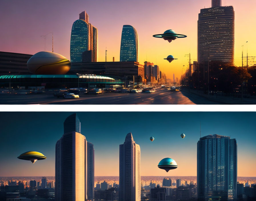 Futuristic cityscapes with flying saucers at sunrise or sunset