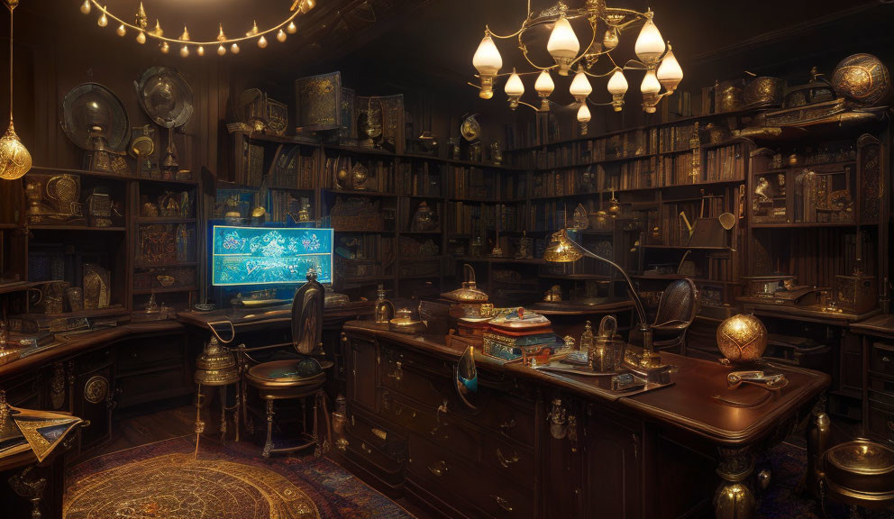 Vintage-styled study with dark wood furniture, books, globes, and modern computer screen