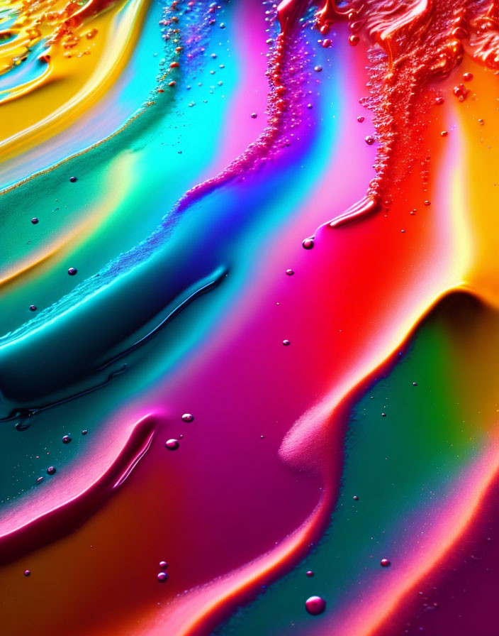 Colorful Rainbow Swirls with Glistening Droplets on Glossy Surface