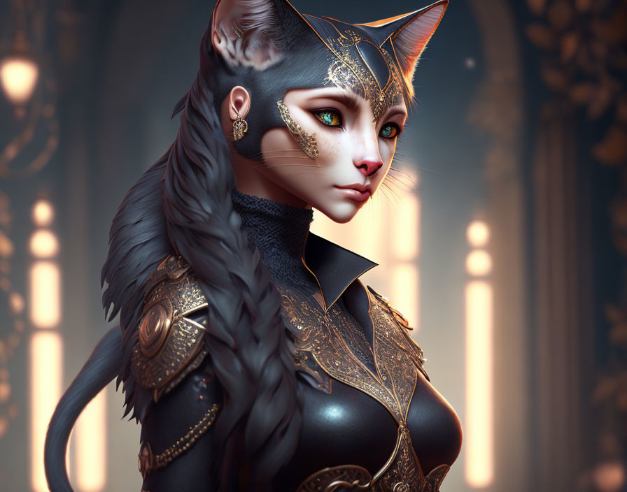 Detailed portrait of anthropomorphic feline in gold and black armor on ornate background