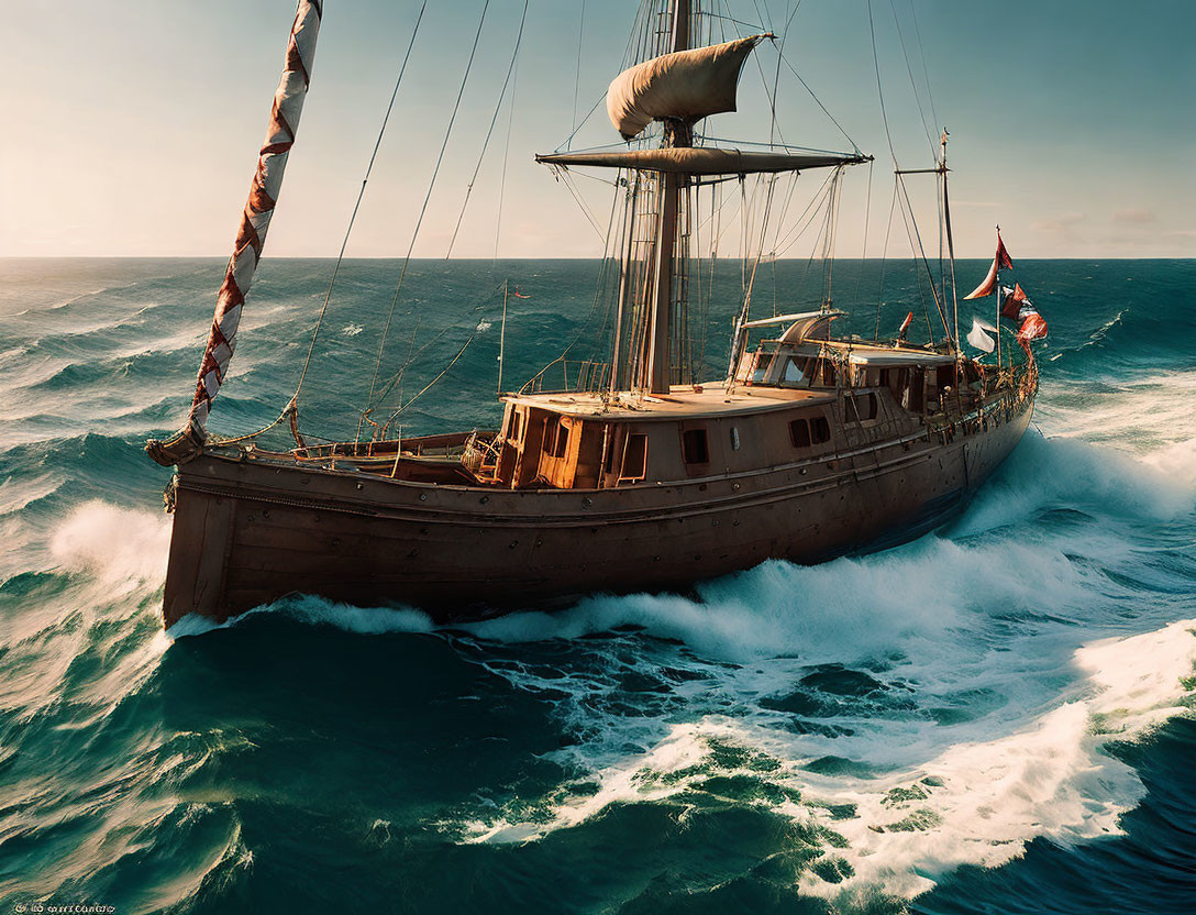 Vintage sailing ship with furled sails on choppy seas under warm sunlight